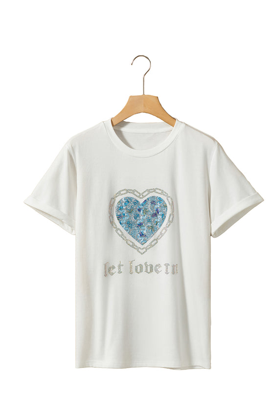 PACK25224979-1-1, White let love in Heart Shaped Rhinestone Crew Neck T Shirt