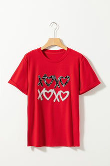  PACK25224983-103-1, Red Rhinestone XOXO Letter Graphic Crew Neck Top