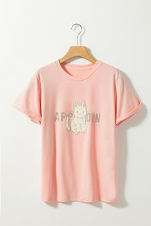  PACK25224986-10-1, Pink Rhinestone Letter Cat Pattern Short Sleeve Top