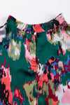 PACK25123472-9-1, Green Abstract Print Smocked Cuffs Frilled Neck Blouse