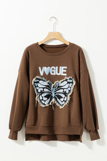  PACK25317259-P5017-1, Dark Brown Raw Hem Butterfly Embroidered VOGUE Letter Sweatshirt