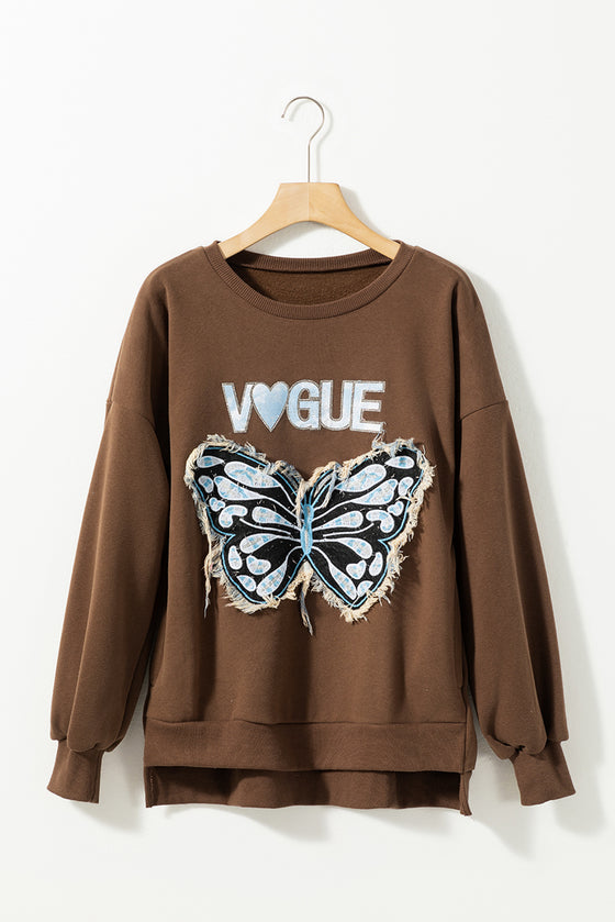 PACK25317259-P5017-1, Dark Brown Raw Hem Butterfly Embroidered VOGUE Letter Sweatshirt