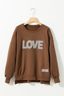  PACK25317260-P5017-1, Dark Brown Rhinestone LOVE Pattern Ribbed Edge Sweatshirt
