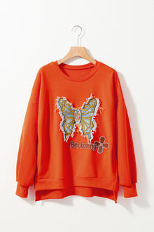  PACK25317264-P14-1, Orange Frayed Patch Graphic High-low Hem Sweatshirt