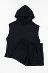 PACK625624-P2-1, Black Solid Color Sleeveless Hoodie and Shorts Set