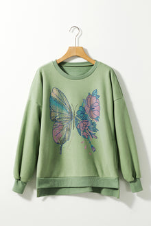 PACK25317265-P1109-1, Grass Green Butterfly Floral Beaded Sweatshirt