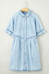 PACK786546-P804-1, Beau Blue Mineral Wash Ruffled Short Sleeve Buttoned Denim Dress