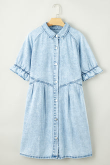  PACK786546-P804-1, Beau Blue Mineral Wash Ruffled Short Sleeve Buttoned Denim Dress
