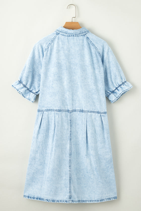 PACK786546-P804-1, Beau Blue Mineral Wash Ruffled Short Sleeve Buttoned Denim Dress