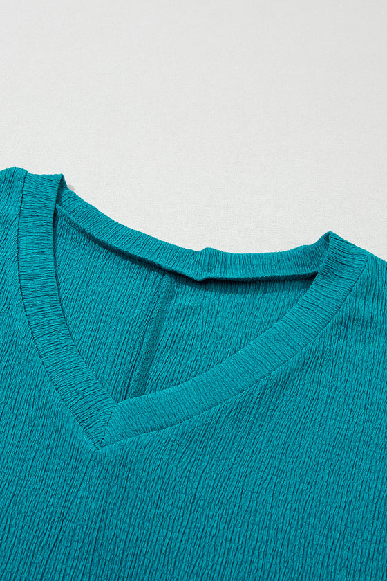 PACK25223652-P805-1, Blue Sapphire Crinkled V Neck Wide Sleeve T-shirt