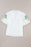 PACK25126122-P1-1, White Floral Embroidered Puff Sleeve Notched Neck Blouse