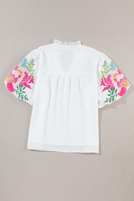 PACK25126122-P1-1, White Floral Embroidered Puff Sleeve Notched Neck Blouse