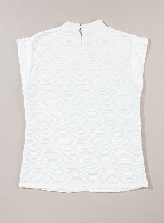 PACK25223504-P1-2, White Wavy Textured Mock Neck Cap Sleeve Top