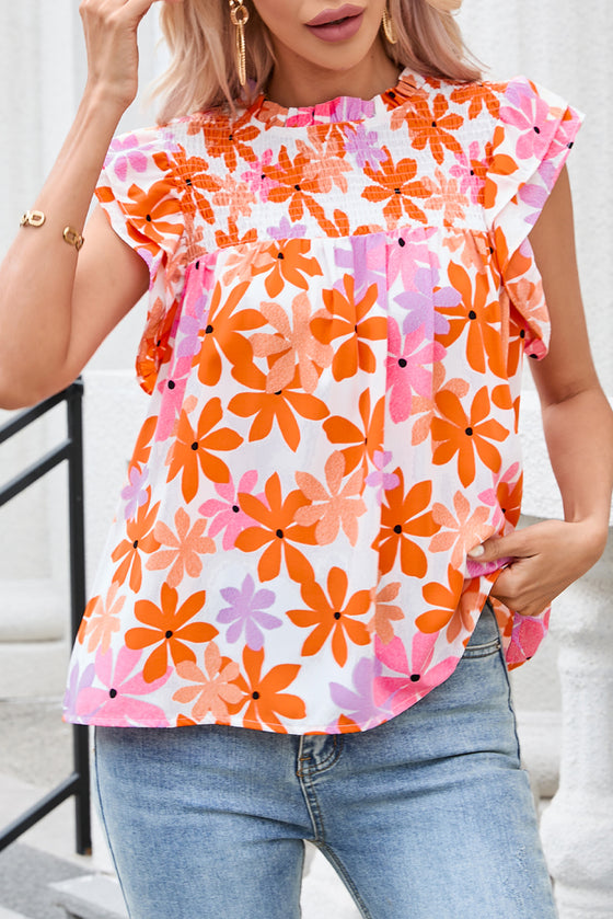 PACK25126220-P1420-1, Orange Ruffled Sleeve Smocked Floral Top