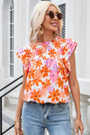 PACK25126220-P1420-1, Orange Ruffled Sleeve Smocked Floral Top