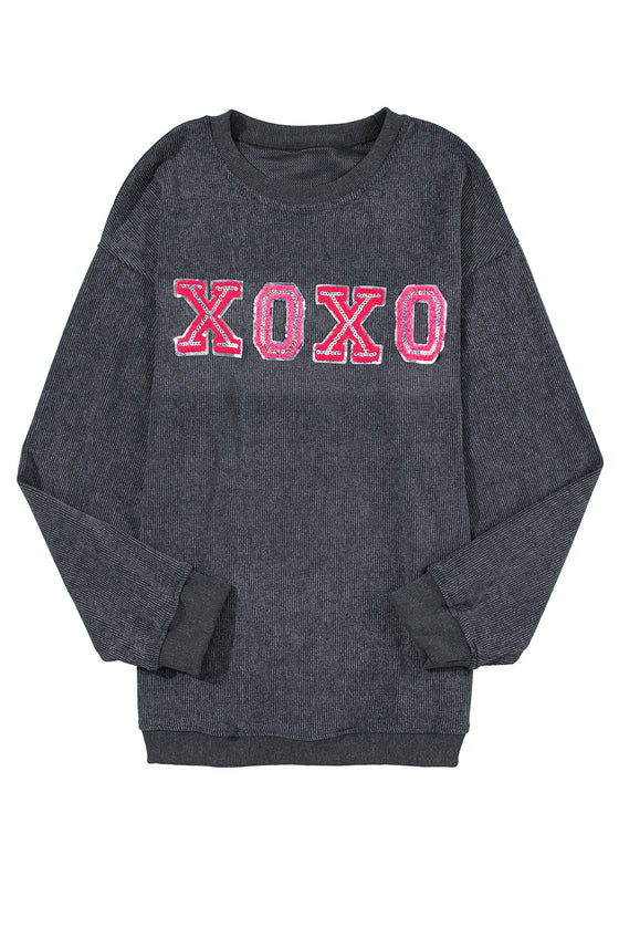 PACK25316982-11-1, Gray Valentine Sequin XOXO Corded Crew Neck Sweatshirt