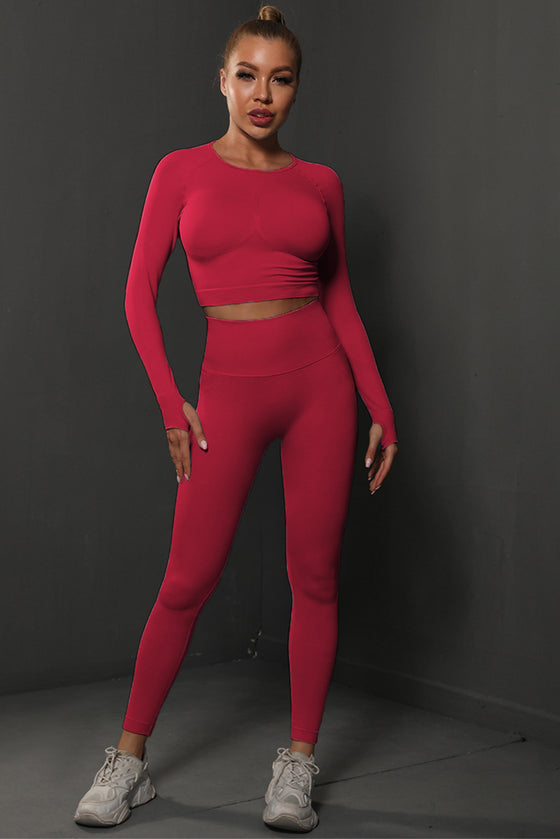 PACK2611590-P3-1, Fiery Red Solid Long Sleeve Two Piece Yoga Set