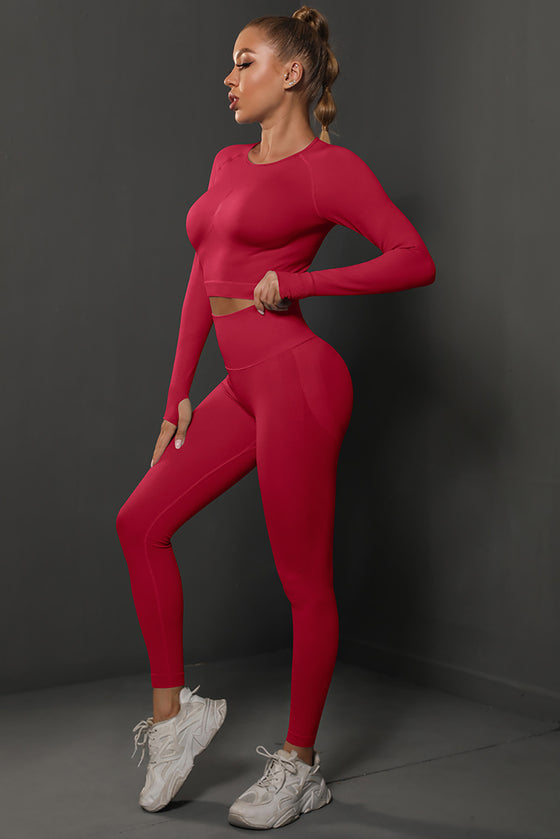 PACK2611590-P3-1, Fiery Red Solid Long Sleeve Two Piece Yoga Set