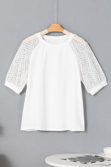  PACK25223658-P1-1, White Pointelle Lace Half Sleeve Crew Neck Tee