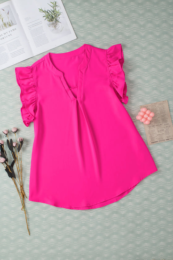 PACK25126116-P6-1, Rose Red Notched Neck Ruffle Sleeve Blouse
