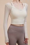 PACK264741-P101-1, White Fake 2 Pieces Long Sleeve Cropped Sports Top