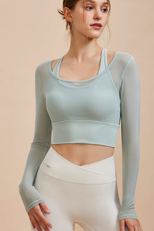  PACK264741-P1209-1, Laurel Green Fake 2 Pieces Long Sleeve Cropped Sports Top