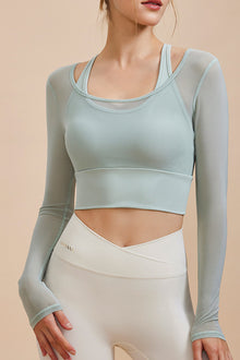  PACK264741-P1209-1, Laurel Green Fake 2 Pieces Long Sleeve Cropped Sports Top