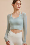 PACK264741-P1209-1, Laurel Green Fake 2 Pieces Long Sleeve Cropped Sports Top