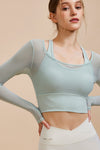 PACK264741-P1209-1, Laurel Green Fake 2 Pieces Long Sleeve Cropped Sports Top