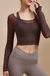 PACK264741-P7017-1, Chicory Coffee Fake 2 Pieces Long Sleeve Cropped Sports Top