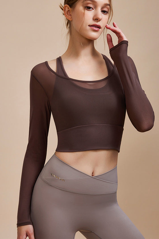 PACK264741-P7017-1, Chicory Coffee Fake 2 Pieces Long Sleeve Cropped Sports Top