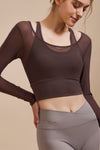 PACK264741-P7017-1, Chicory Coffee Fake 2 Pieces Long Sleeve Cropped Sports Top