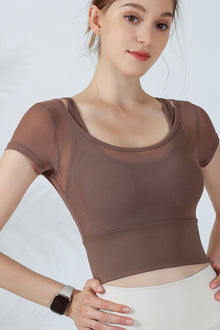  PACK264742-P5017-1, Dark Brown Fake Two Pieces Short Sleeve Cropped Sports Teed