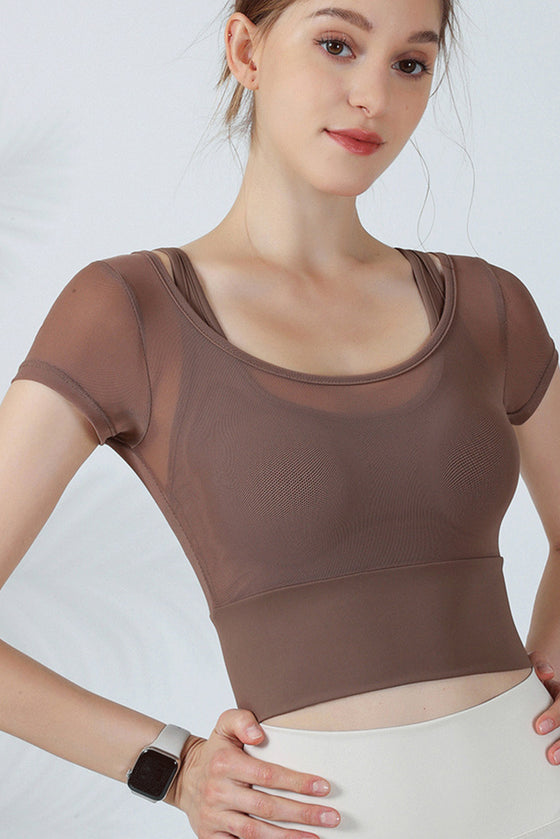 PACK264742-P5017-1, Dark Brown Fake Two Pieces Short Sleeve Cropped Sports Teed