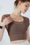 PACK264742-P5017-1, Dark Brown Fake Two Pieces Short Sleeve Cropped Sports Teed