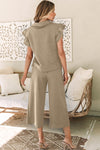 PACK625514-P5016-1, Pale Khaki Textured Flutter Sleeve Top Wide Leg Pants Set