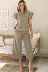 PACK625514-P5016-1, Pale Khaki Textured Flutter Sleeve Top Wide Leg Pants Set