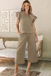 PACK625514-P5016-1, Pale Khaki Textured Flutter Sleeve Top Wide Leg Pants Set