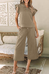 PACK625514-P5016-1, Pale Khaki Textured Flutter Sleeve Top Wide Leg Pants Set