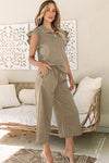 PACK625514-P5016-1, Pale Khaki Textured Flutter Sleeve Top Wide Leg Pants Set