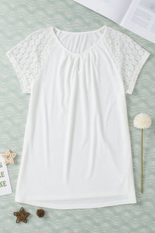  PACK25223649-P1-1, White Contrast Lace Sleeve Keyhole Decor Top