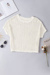 PACK277006-1-2, White Fishnet Knit Ribbed Round Neck Short Sleeve Sweater Tee