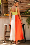 PACK6118905-P922-1, Green Color Block Shirred High Waist Fit and Flare Maxi Dress