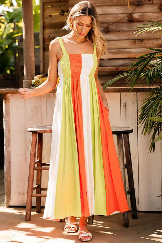 PACK6118905-P922-1, Green Color Block Shirred High Waist Fit and Flare Maxi Dress