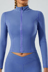 PACK264751-P5-1, Dark Blue Exposed Seam Stand Neck Zip up Long Sleeve Sports Top