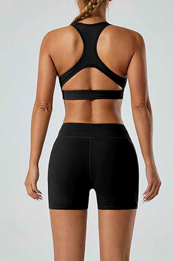 PACK265522-P2-1, Black Solid Color Arched Waist Quick Dry Sports Shorts