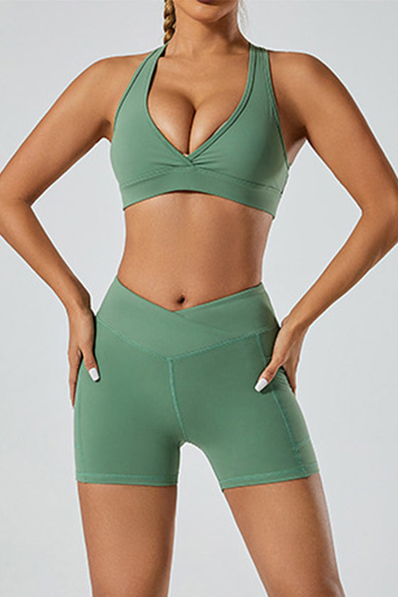 PACK265522-P509-1, Mist Green Solid Color Arched Waist Quick Dry Sports Shorts