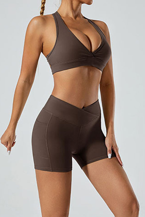 PACK265522-P7017-1, Chicory Coffee Solid Color Arched Waist Quick Dry Sports Shorts