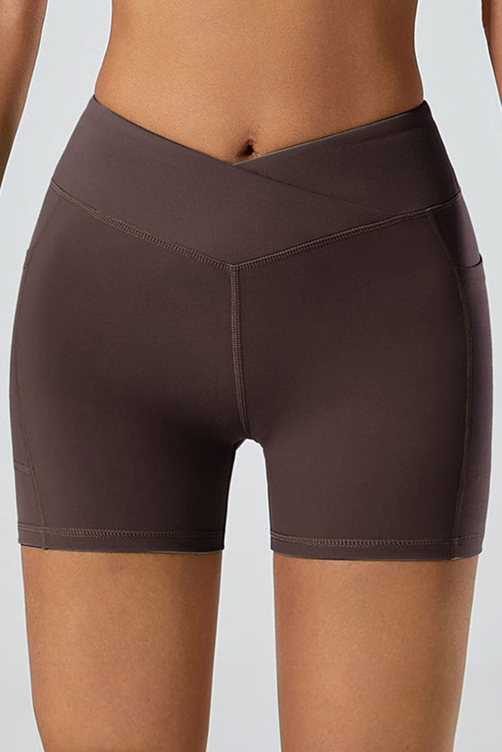 PACK265522-P7017-1, Chicory Coffee Solid Color Arched Waist Quick Dry Sports Shorts