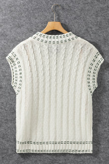  PACK276236-P1-1, White Contrast Trim V Neck Cable Knit Sweater Vest